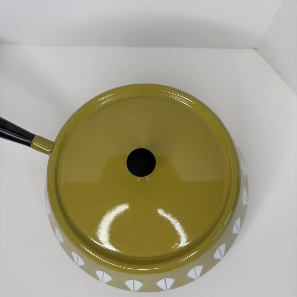Vintage MCM Cathrineholm Avocado Green Enamel Lotus Design Fondue Pot